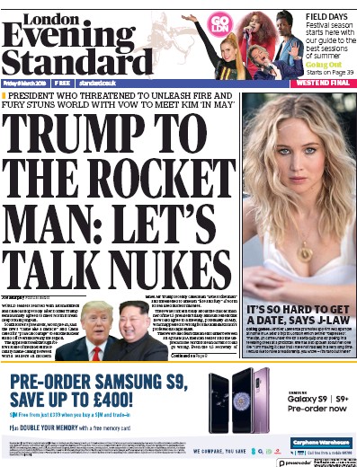 London Evening Standard Newspaper Front Page (UK) for 12 March 2018