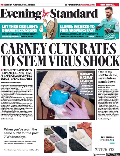 London Evening Standard Newspaper Front Page (UK) for 12 March 2020