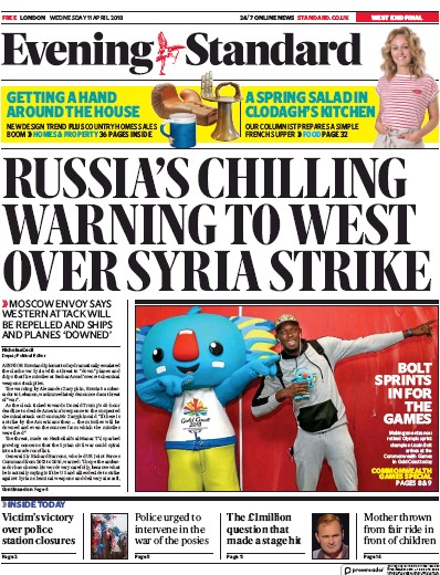 London Evening Standard Newspaper Front Page (UK) for 12 April 2018
