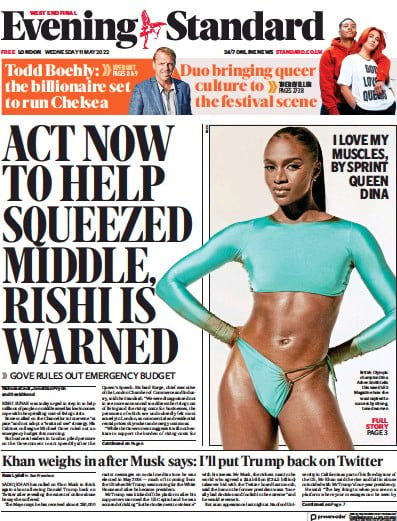 London Evening Standard Newspaper Front Page (UK) for 12 May 2022
