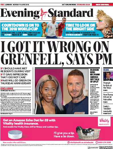 London Evening Standard Newspaper Front Page (UK) for 12 June 2018