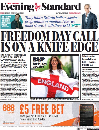 London Evening Standard Newspaper Front Page (UK) for 12 June 2021