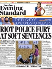 London Evening Standard Newspaper Front Page (UK) for 12 August 2011