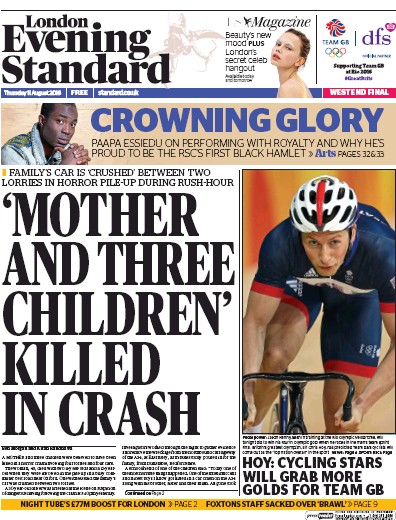 London Evening Standard Newspaper Front Page (UK) for 12 August 2016