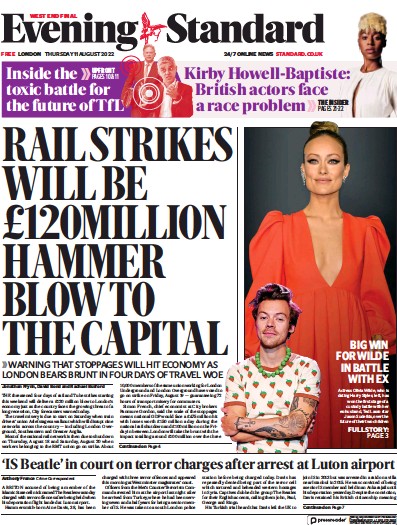 London Evening Standard Newspaper Front Page (UK) for 12 August 2022