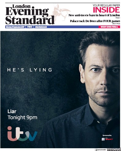 London Evening Standard Newspaper Front Page (UK) for 12 September 2017