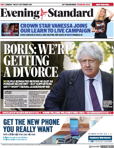 London Evening Standard Newspaper Front Page (UK) for 12 September 2018