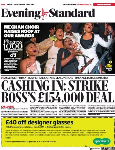 London Evening Standard Newspaper Front Page (UK) for 13 October 2018