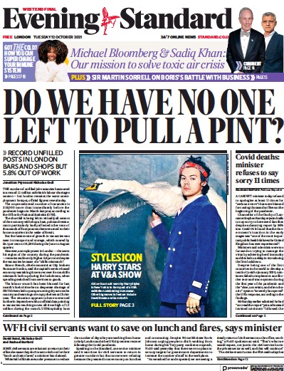 London Evening Standard Newspaper Front Page (UK) for 13 October 2021