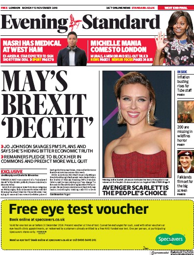 London Evening Standard Newspaper Front Page (UK) for 13 November 2018
