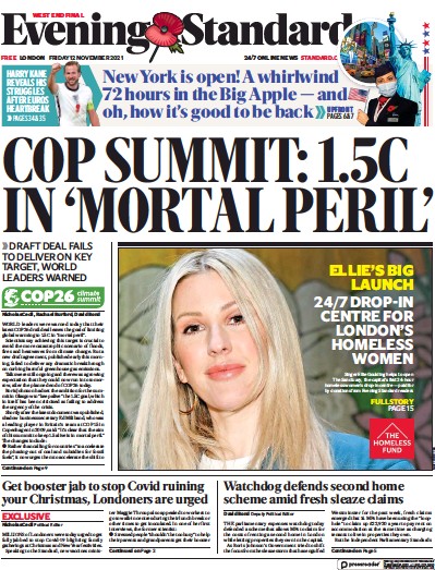 London Evening Standard Newspaper Front Page (UK) for 13 November 2021