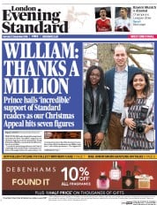 London Evening Standard (UK) Newspaper Front Page for 13 December 2016