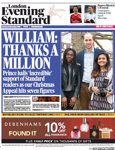 London Evening Standard Newspaper Front Page (UK) for 13 December 2016