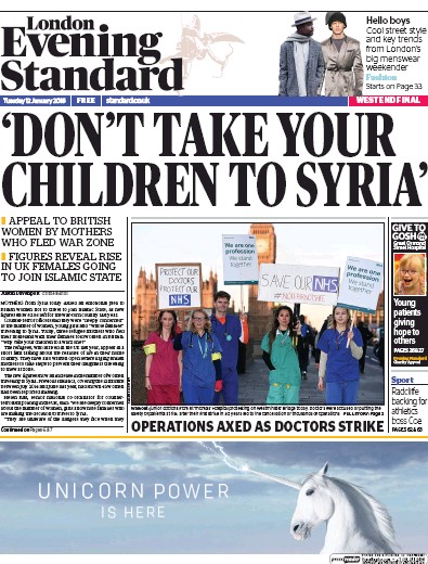 London Evening Standard Newspaper Front Page (UK) for 13 January 2016