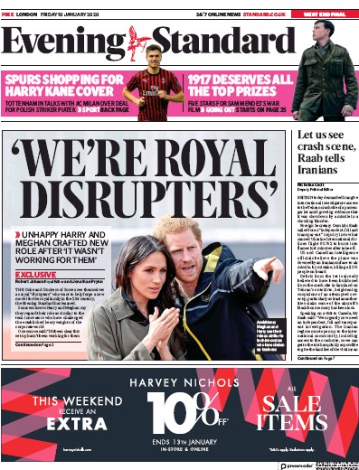 London Evening Standard Newspaper Front Page (UK) for 13 January 2020
