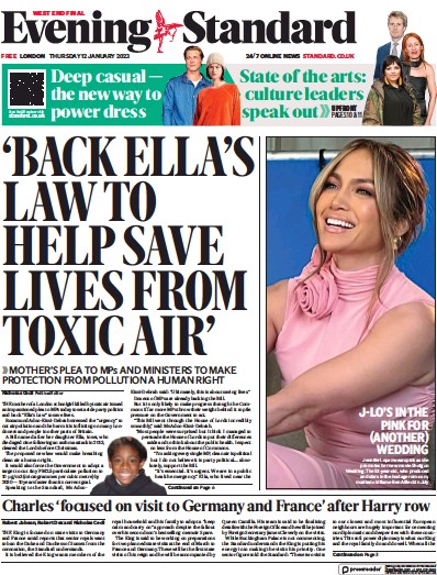 London Evening Standard Newspaper Front Page (UK) for 13 January 2023