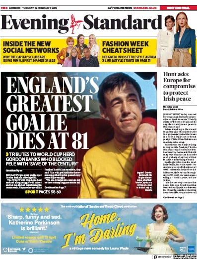 London Evening Standard Newspaper Front Page (UK) for 13 February 2019