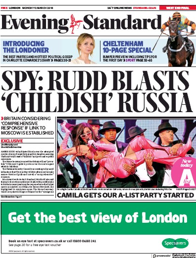 London Evening Standard Newspaper Front Page (UK) for 13 March 2018