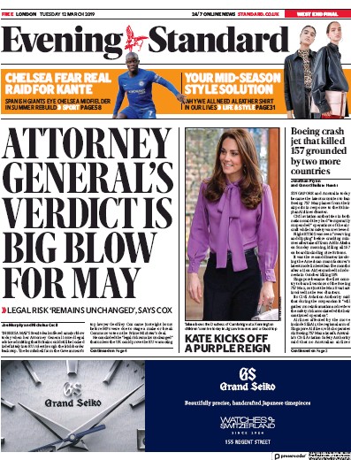 London Evening Standard Newspaper Front Page (UK) for 13 March 2019