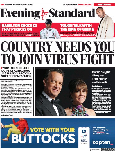 London Evening Standard Newspaper Front Page (UK) for 13 March 2020