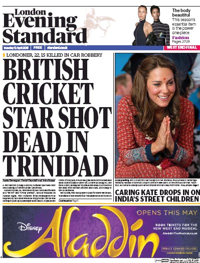 London Evening Standard Newspaper Front Page (UK) for 13 April 2016