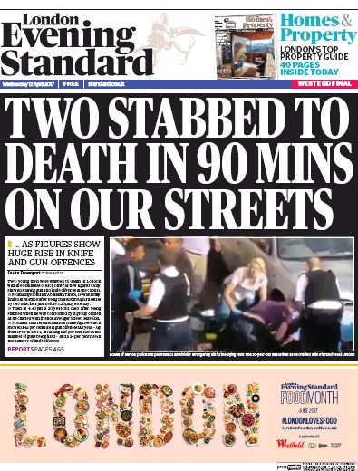 London Evening Standard Newspaper Front Page (UK) for 13 April 2017