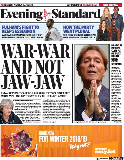 London Evening Standard Newspaper Front Page (UK) for 13 April 2018