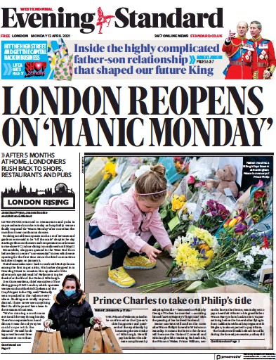 London Evening Standard Newspaper Front Page (UK) for 13 April 2021