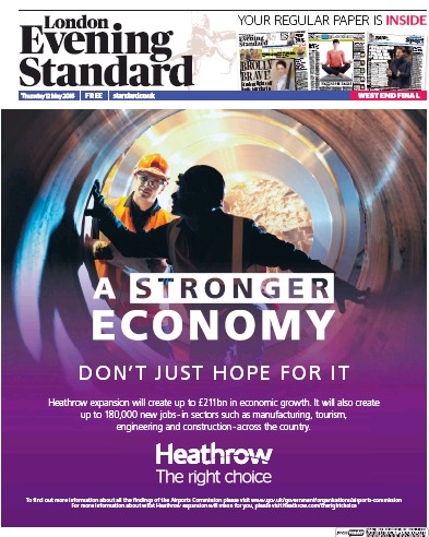 London Evening Standard Newspaper Front Page (UK) for 13 May 2016