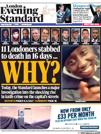 London Evening Standard Newspaper Front Page (UK) for 13 May 2017