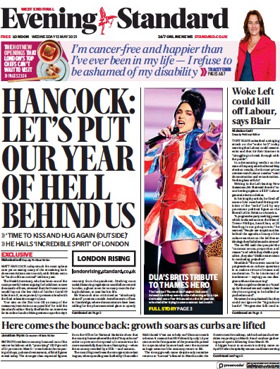 London Evening Standard Newspaper Front Page (UK) for 13 May 2021