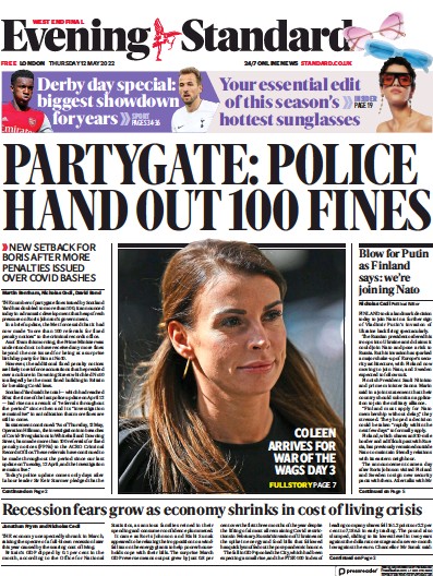 London Evening Standard Newspaper Front Page (UK) for 13 May 2022