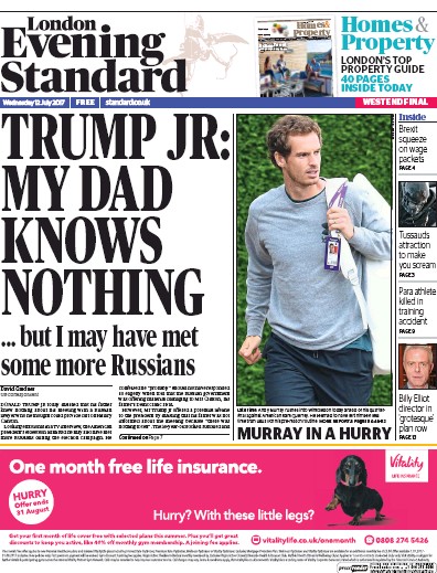 London Evening Standard Newspaper Front Page (UK) for 13 July 2017
