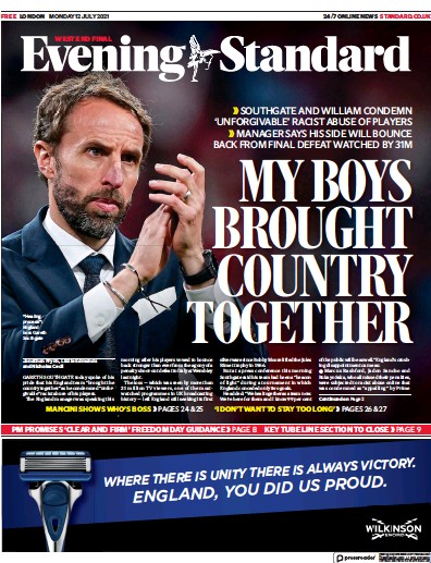 London Evening Standard Newspaper Front Page (UK) for 13 July 2021