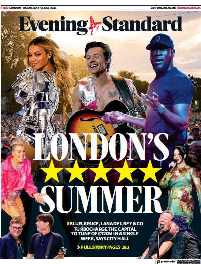 London Evening Standard Newspaper Front Page (UK) for 13 July 2023