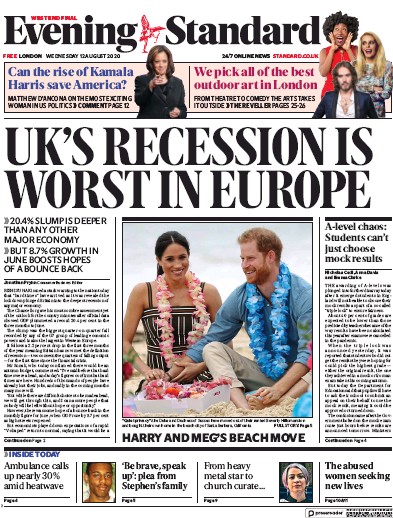 London Evening Standard Newspaper Front Page (UK) for 13 August 2020