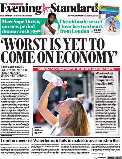 London Evening Standard Newspaper Front Page (UK) for 13 August 2022