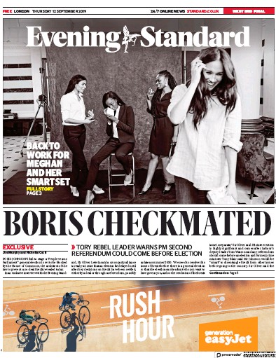 London Evening Standard Newspaper Front Page (UK) for 13 September 2019