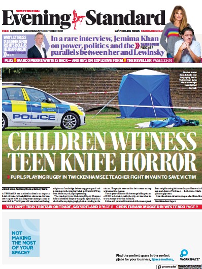 London Evening Standard Newspaper Front Page (UK) for 14 October 2021