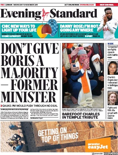 London Evening Standard Newspaper Front Page (UK) for 14 November 2019