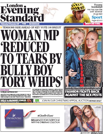 London Evening Standard Newspaper Front Page (UK) for 14 December 2017