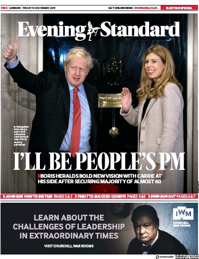 London Evening Standard Newspaper Front Page (UK) for 14 December 2019