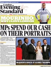 London Evening Standard Newspaper Front Page (UK) for 14 January 2014