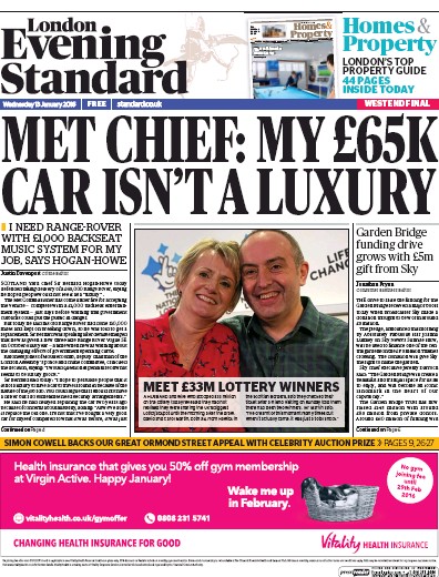 London Evening Standard Newspaper Front Page (UK) for 14 January 2016