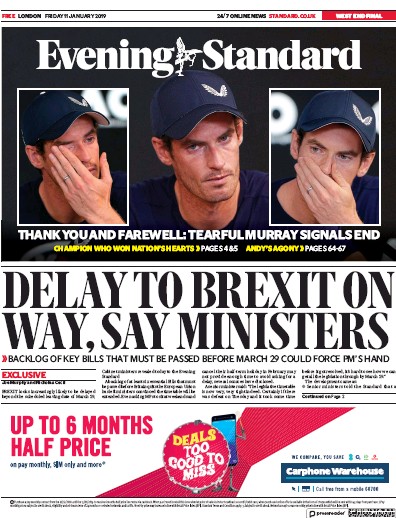 London Evening Standard Newspaper Front Page (UK) for 14 January 2019