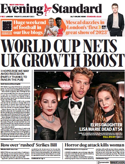 London Evening Standard Newspaper Front Page (UK) for 14 January 2023