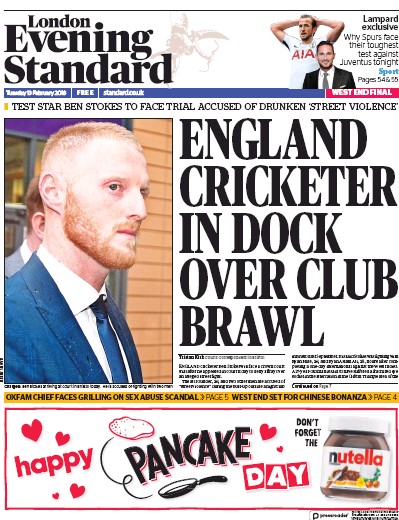 London Evening Standard Newspaper Front Page (UK) for 14 February 2018