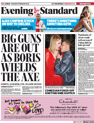 London Evening Standard Newspaper Front Page (UK) for 14 February 2020