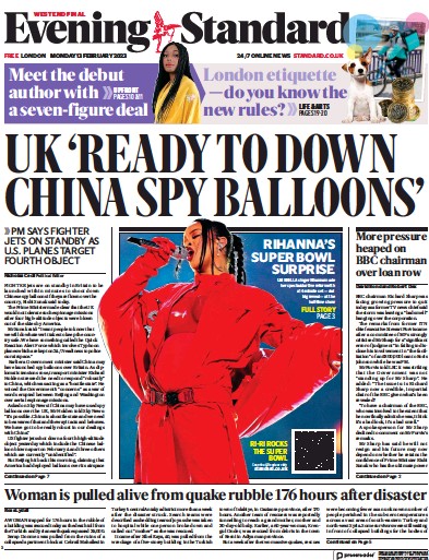 London Evening Standard Newspaper Front Page (UK) for 14 February 2023