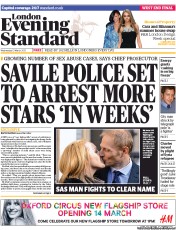 London Evening Standard Newspaper Front Page (UK) for 14 March 2013